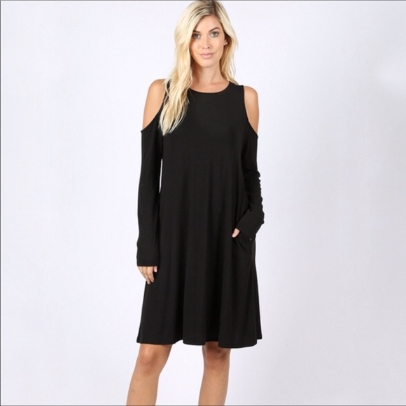 Navy Long Sleeve Cold Shoulder Dress - Picture 4 of 7